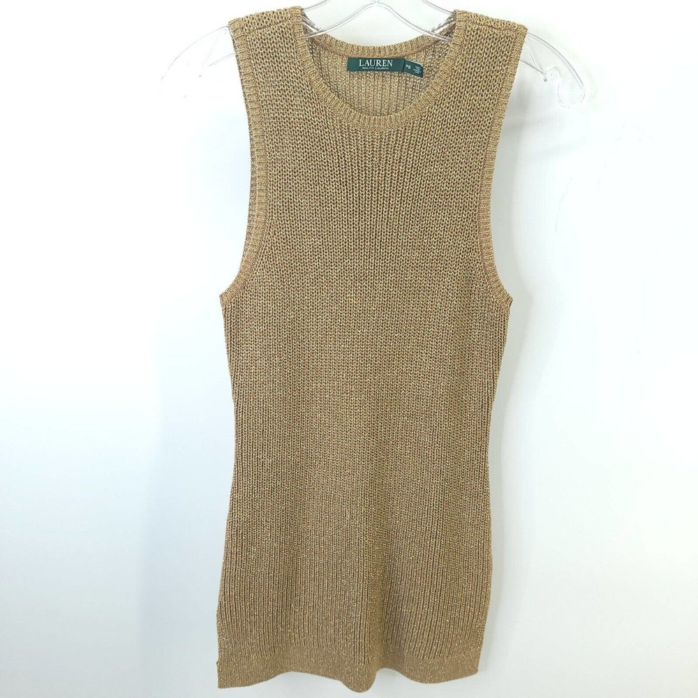 Ralph Lauren Womens Gold Sleeveless Crew Neck Knit Linen Sweater Dress Sz PS